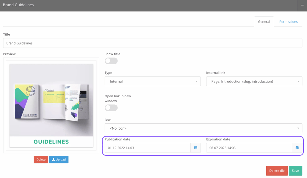 How do I set publication and expiration dates on a navigation tile?