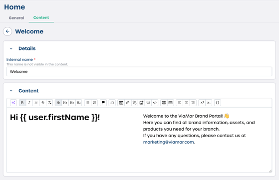 welcome message home page
